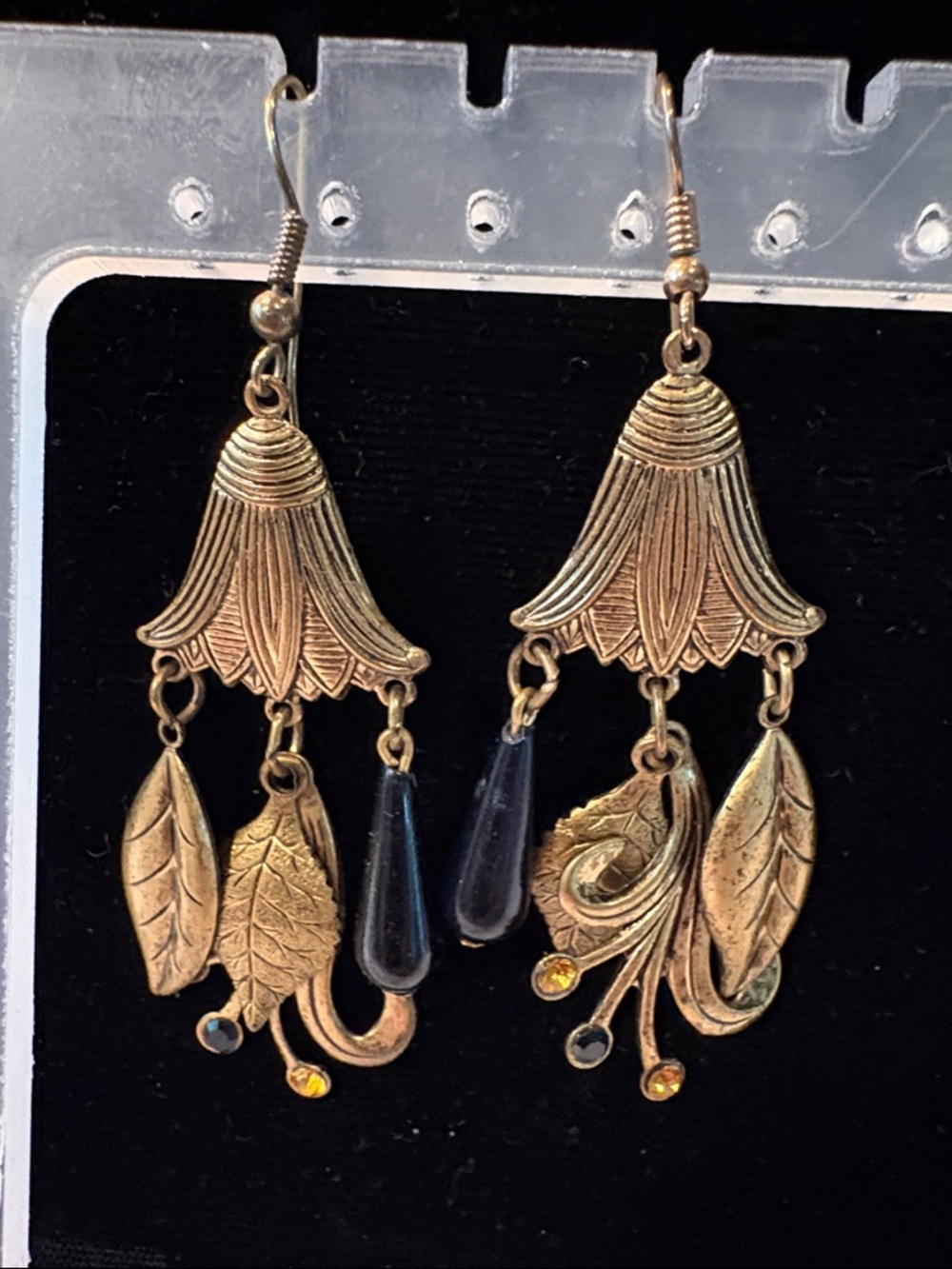 Gold-Tone Dangle Leaf Earrings with Dark Blue Teardrops